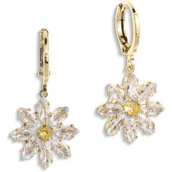 Daisy Flower Hoop Earrings | 14K Gold Plated CZ Dangle Hoops - Picture 1 of 6
